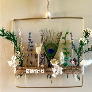 Dried flower hoop, custom home art, natural dried flowers and Morrell mushrooms.